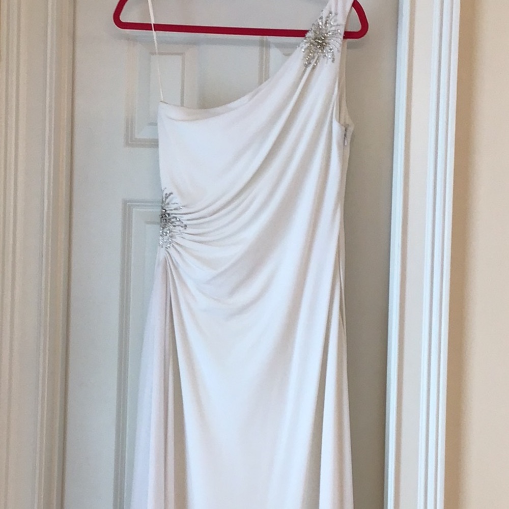 JS BOUTIQUE White, sequin one shoulder evening gown.